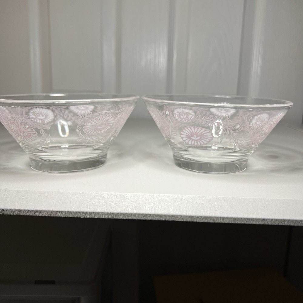 2-Vtg Todd Glass Clear Glass Fruit or Dessert Bowls Pink White Daisy